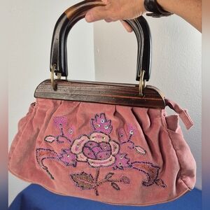Y2K Avon Mauve/Pink Velvet Embroidered Beaded Handbag Wooden Handles